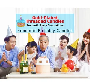 Family celebration scene featuring gold-plated spiral candles on a birthday cake decoration