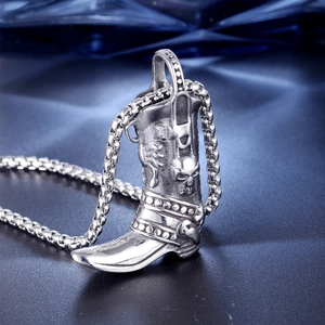 Vintage stainless steel skull biker boot pendant necklace for men with silver finish