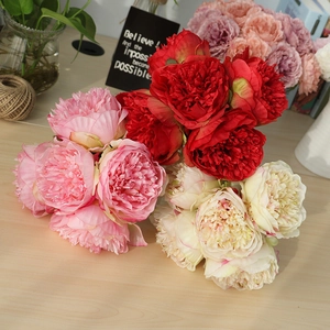 Five-head artificial silk peony bouquets in red pink and white for home wedding decor