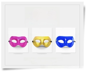 Three half-face matte plastic party masks in rose pink, gold, and blue colors