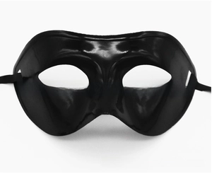 Close-up of a glossy black half-face mask with silk ribbons for masquerade parties