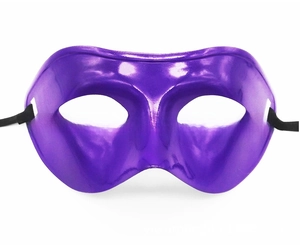 Macro detail of glossy purple half-face party mask with black elastic strap and eye cutouts