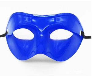 Close-up of royal blue half-face masquerade mask with glossy finish and elastic straps