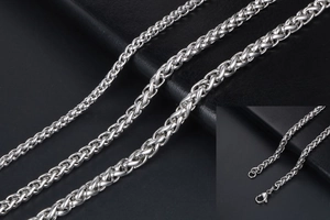 Detailed close-up of silver stainless steel dragon bone chains with secure lobster clasps