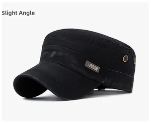 Detail of washed cotton cadet hat showing metal eyelets and a woven sports label on the side