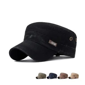 Vintage Washed Cotton Cadet Cap Men Adjustable Breathable Flat Top Military Hat Outdoor Sun Protection Casual Retro Style