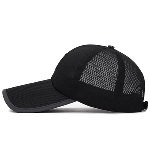 Breathable black mesh baseball cap with extended brim and adjustable back strap