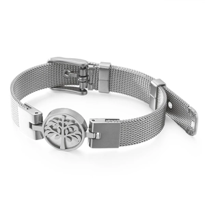 Silver mesh stainless steel watch strap bracelet with a tree of life charm and buckle