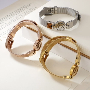 Three-color Tree of Life mesh band bracelets in gold, silver, and rose gold finishes