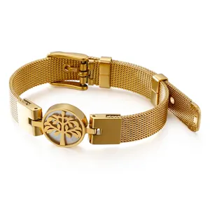 Tree Of Life Bracelet Women Stainless Steel Mesh Strap Mother Of Artificial Pearl Pendant Adjustable Buckle Elegant Jewelry Gift