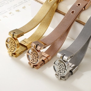 Three-color Tree of Life stainless steel mesh band bracelets in gold, silver, and rose gold