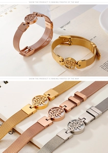 Detail of tree of life mesh bracelets in gold, rose gold, and silver finishes