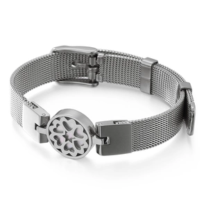 Silver stainless steel mesh bracelet with heart circular pendant and pink mother of pearl
