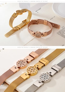 Detailed view of mesh strap bracelets in rose gold, gold and silver with heart motifs