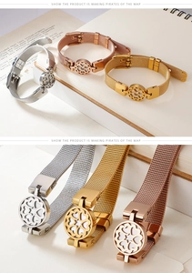 Detailed view of tricolor mesh link bracelets with heart charms and mother of pearl inlay