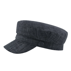 Dark gray vintage cotton linen sailor cap with textured fabric and flat top design