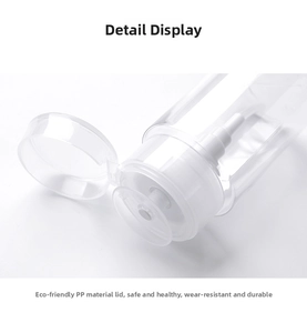 Close-up of transparent PP flip-top pump head and straw for portable travel bottles