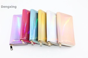 Detailed view of colorful laser PU leather long wallets with golden zipper closure