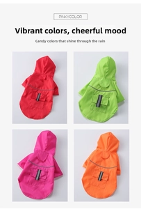 Detail of waterproof pet raincoats in four candy colors with reflective safety strips
