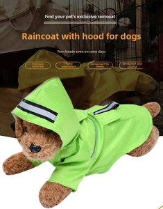 Detail of waterproof green pet raincoat with reflective safety strips and hooded design