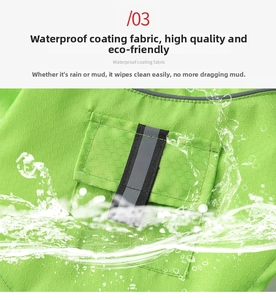 Detail view of waterproof green pet raincoat fabric with reflective strip and hex texture