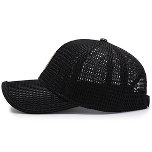 Men's breathable black mesh baseball cap with brown leather patch for sun protection
