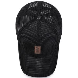 Men's breathable black mesh baseball cap with brown leather patch for sun protection