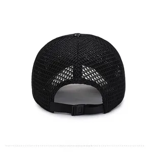 Rear view of black breathable mesh baseball cap with adjustable strap and plastic buckle