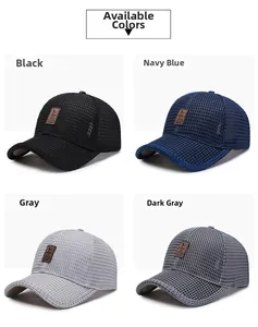 Detail view of four breathable mesh baseball caps in black, navy, and gray with leather patches