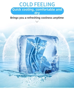 Microfiber cooling towel inside an ice cube with splashing water and ocean background