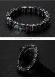 Close-up of matte vintage titanium steel bike chain bracelet with secure fold-over clasp