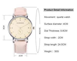 Detailed technical specifications and dimensions of this pink leather quartz watch