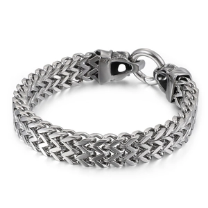 Mens vintage stainless steel double wolf head bracelet with wheat chain in silver finish