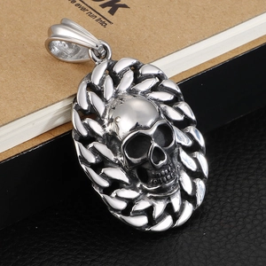 Vintage punk skull pendant for men in polished stainless steel with textured oval frame
