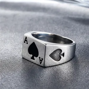Vintage silver punk spade A poker card ring in durable stainless steel for men