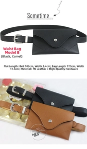 Detailed view of camel and black PU leather waist bags with belts and metal hardware