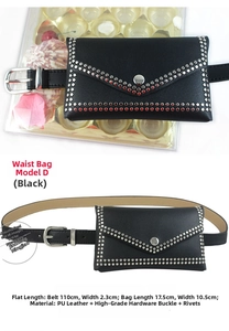 Detail of black PU leather belt bag with silver rivets and adjustable buckle closure