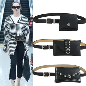 Women Belt Bag PU Leather Adjustable Trouser Belt With Rivet Detachable Pouch Simple Stylish Accessory