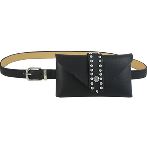 Women's black PU leather fanny pack belt with stylish silver rivet details and buckle