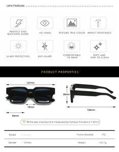 Detailed sizing specifications for retro chunky square frame sunglasses with PC material info
