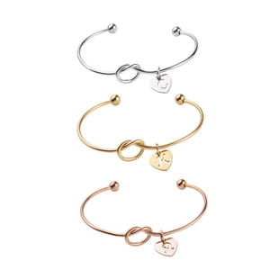Stainless Steel Knot Bangle With Heart Alphabet Charm 18K Gold Plated Open Cuff Bracelet Stylish Accessory