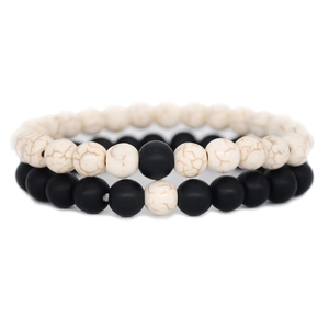 8mm black matte and white marble stone bead bracelets set for couples in minimalist style