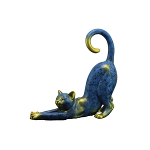 Modern resin cat sculpture with blue and gold texture in a stretching pose art piece