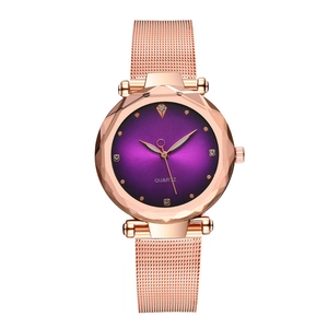 Elegante rotgoldene Netzuhr für Damen mit facettiertem lila Zifferblatt und Quarzwerk