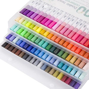 Dual tip colored markers set in organized multi-layer clear storage box for art supplies