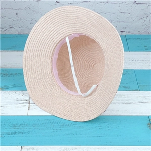 Women summer wide brim straw sun hat with pink inner sweatband and windproof strap