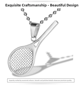 Detail shot of silver tennis racket pendant with fine mesh texture and ball chain
