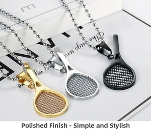 Detailed view of polished tennis racket pendants in gold, silver, and black finishes