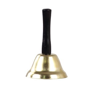 Traditionele gouden metalen kerstbel van 7,5 cm met een elegante zwarte handgreep