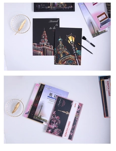Detail view of A4 city night scene scratch art postcards with stylus drawing tool set